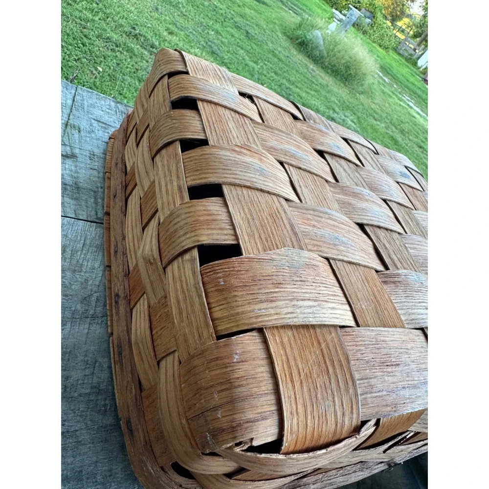 Vintage Woven Wood Pie Picnic Basket Square Carrier with Slatted Wooden Lid USED